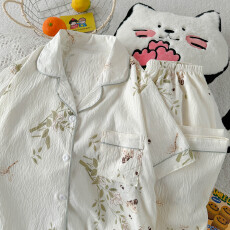 批发云朵棉薄款翻领夏季可外穿睡衣短袖昆虫绿叶田园风休闲三件套装