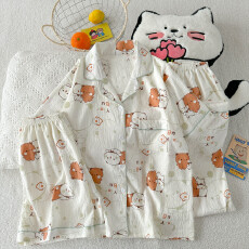 批发云朵棉薄款翻领夏季可外穿睡衣短袖布布熊卡通可爱休闲三件套装