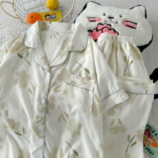 批发云朵棉薄款翻领夏季可外穿睡衣短袖绿色花甜美可爱休闲三件套装