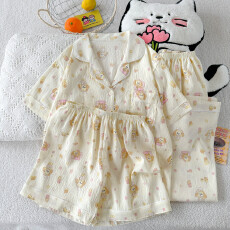 批发云朵棉薄款翻领夏季可外穿睡衣短袖厨师小狗可爱休闲三件套装