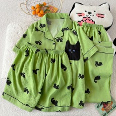 批发云朵棉薄款翻领夏季可外穿睡衣短袖绿小黑猫可爱休闲三件套装