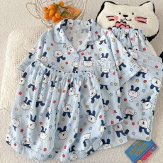 批发云朵棉薄款翻领夏季可外穿睡衣短袖蓝咪咪吉可爱休闲三件套装