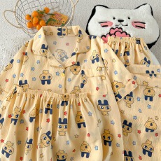 批发云朵棉薄款翻领夏季可外穿睡衣短袖黄麻美吉可爱休闲三件套装