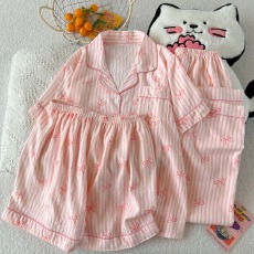 批发云朵棉薄款翻领夏季可外穿睡衣短袖粉条纹甜美可爱休闲三件套装