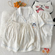 批发云朵棉薄款翻领夏季可外穿睡衣短袖星星企鹅卡通可爱休闲三件套装