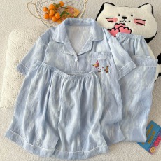 批发云朵棉薄款翻领夏季可外穿睡衣短袖蓝腊肠狗卡通可爱休闲三件套装