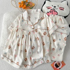 批发云朵棉薄款翻领夏季可外穿睡衣短袖大象兔子卡通可爱休闲三件套装