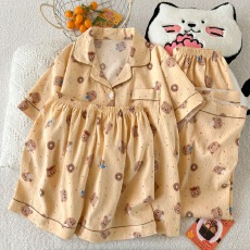 批发云朵棉薄款翻领夏季可外穿睡衣短袖甜甜圈熊头卡通可爱三件套装