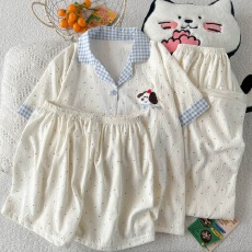 批发云朵棉薄款翻领夏季可外穿睡衣短袖蓝格波点狗卡通可爱三件套装