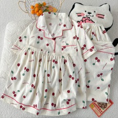 批发云朵棉薄款翻领夏季可外穿睡衣短袖樱桃字母卡通甜美可爱三件套装