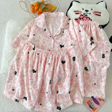 批发云朵棉薄款翻领夏季可外穿睡衣短袖豹纹小狗卡通甜美可爱三件套装