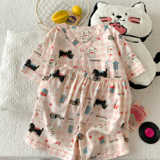 批发夏季云朵棉V领系列爆款薄款可外穿睡衣短袖欢乐小狗卡通可爱套装