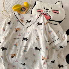 批发夏季云朵棉V领系列爆款薄款可外穿睡衣短袖斑点小狗卡通可爱套装