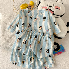 批发夏季云朵棉V领系列爆款薄款可外穿睡衣短袖条纹企鹅卡通可爱套装