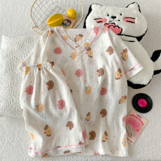 批发夏季云朵棉V领系列爆款薄款可外穿睡衣短袖圆点小熊卡通可爱套装