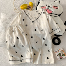 批发夏季云朵棉V领系列爆款薄款可外穿睡衣短袖黑桃心卡通可爱套装