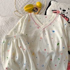 批发夏季云朵棉V领系列爆款薄款可外穿睡衣短袖彩点星月百搭可爱套装