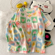 批发夏季云朵棉V领系列爆款薄款可外穿睡衣短袖彩色爱心百搭可爱套装