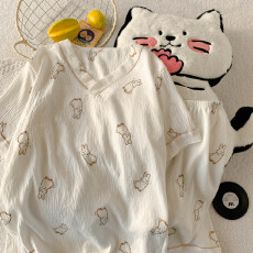 批发夏季云朵棉V领系列爆款薄款可外穿睡衣短袖杏色小兔百搭可爱套装