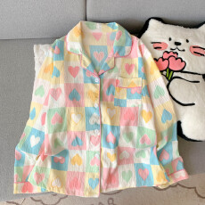 批发云朵棉翻领系列春夏季薄款可外穿睡衣长袖彩色爱心百搭可爱套装