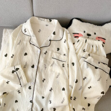 批发云朵棉翻领系列春夏季薄款可外穿睡衣长袖黑桃心百搭可爱套装