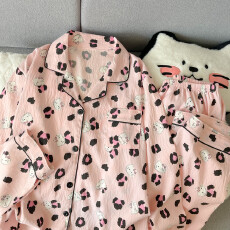 批发云朵棉翻领系列春夏季薄款可外穿睡衣长袖豹纹猫卡通百搭可爱套装