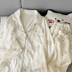 批发云朵棉翻领系列春夏季薄款可外穿睡衣长袖杏色兔卡通可爱套装