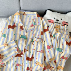 批发云朵棉翻领系列春夏季薄款可外穿睡衣长袖黄条纹狗卡通可爱套装