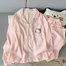 批发云朵棉翻领系列春夏季薄款可外穿睡衣长袖长裤粉格卡通可爱套装