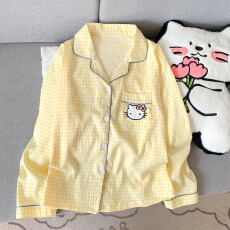 批发云朵棉翻领系列春夏季薄款可外穿睡衣长袖长裤黄格卡通可爱套装