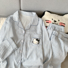 批发云朵棉翻领系列春夏季薄款可外穿睡衣长袖长裤蓝格卡通可爱套装