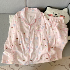 批发云朵棉翻领系列春夏季薄款可外穿睡衣长袖长裤粉色小猫可爱套装