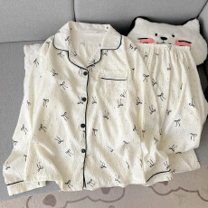 批发云朵棉翻领系列春夏季薄款可外穿睡衣长袖黑蝴蝶结甜美可爱套装