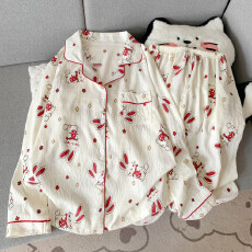 批发云朵棉翻领系列春夏季薄款可外穿睡衣长袖红领结兔甜美可爱套装