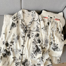 批发云朵棉翻领系列春夏季薄款可外穿睡衣长袖水墨玫瑰高级气质套装