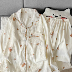 批发云朵棉翻领系列春夏季薄款可外穿睡衣长袖爱心卡拉熊可爱休闲套装