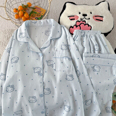 批发云朵棉翻领系列春夏季薄款可外穿睡衣长袖蓝<b class='q'>圆点</b>卡通可爱套装