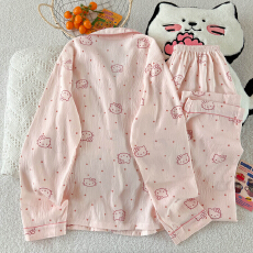 批发云朵棉翻领系列春夏季薄款可外穿睡衣长袖粉<b class='q'>圆点</b>卡通可爱套装