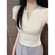 批发白色半拉链正肩速干短袖t恤女夏季冰丝透气健身运动瑜伽服<b class='q'>上衣</b>夏