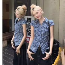 批发美式修身袖妹口腰夏衬上设计韩系显瘦格子短辣袋收气质季衫衣<b class='q'>衬衣</b>