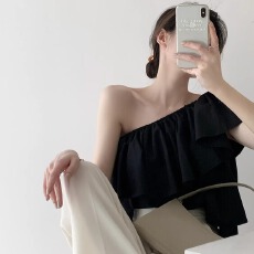 批发法式休闲纯欲辣妹斜肩荷叶边<b class='q'>衬衫</b>女春夏季露锁骨修身黑色上衣