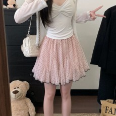 批发甜美风粉色波点<b class='q'>半身裙</b>女夏季显瘦高腰网纱裙芭蕾风短裙蓬蓬裙