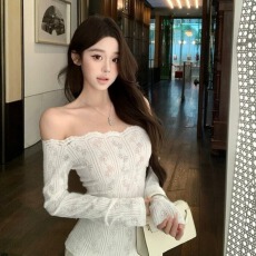 一字肩白色长袖蕾丝衫女秋季修身收腰内搭设计感纯欲短款打底上衣