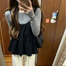 批发韩系高级感春秋季穿搭小个子<b class='q'>吊带</b>灰色<b class='q'>打底</b>衫休闲两件套装