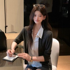 批发韩系长袖拼接假两件百搭洋气设计感韩系时尚港风显瘦气质女