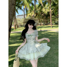 批发Blovelan青柠冰椰 小清新蕾丝泡泡袖提花收腰少女公主蓬蓬连衣裙