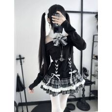 批发夏季新款学院风少女感蓝色<b class='q'>波点</b>泡泡袖<b class='q'>衬衣</b>拼接荷叶边蓬蓬裙两件套