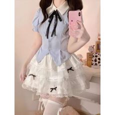 批发韩系甜美减龄小清新撞色POLO领衬衣高腰设计感<b class='q'>蓬蓬</b><b class='q'>裙套装</b>裙夏季女