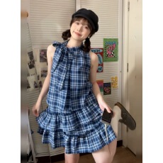 批发蓝色<b class='q'>格子衬衫</b>无袖背心连衣裙子女夏季2025新款爆款小个子蛋糕短裙