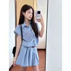 批发学院风蓝色条纹衬衫连衣裙子女收腰显瘦气质设计感小众百褶短裙夏